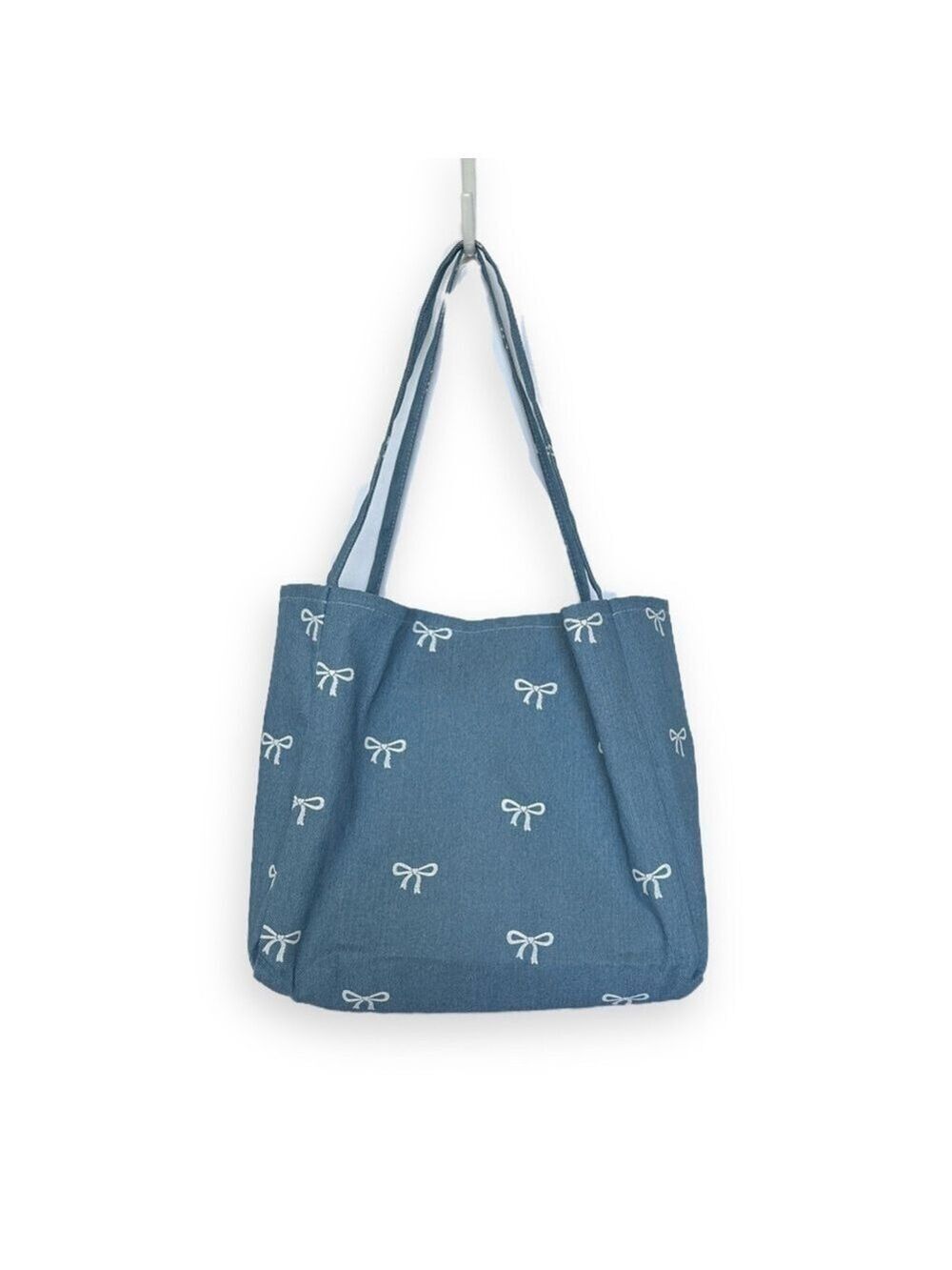 Denim Tote Bag Large Blue White Bow
